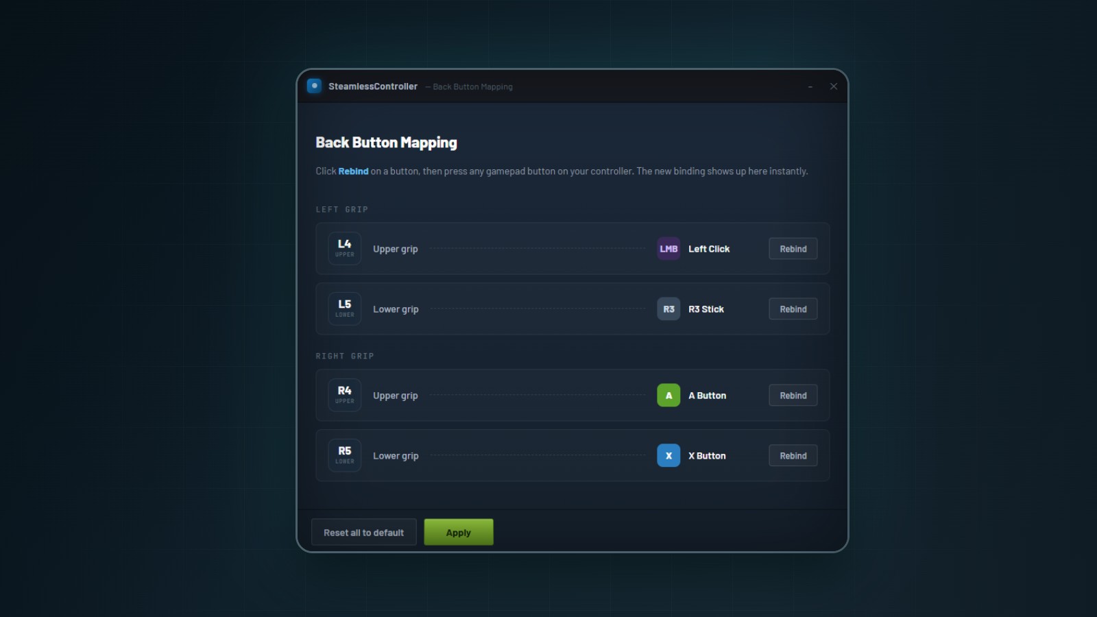SteamlessController back button mapping screenshot used as source context.